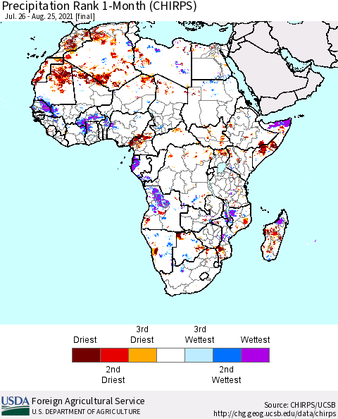 Africa Precipitation Rank since 1981, 1-Month (CHIRPS) Thematic Map For 7/26/2021 - 8/25/2021