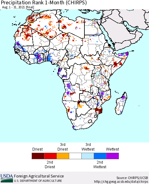 Africa Precipitation Rank since 1981, 1-Month (CHIRPS) Thematic Map For 8/1/2021 - 8/31/2021