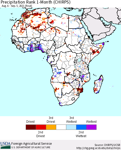 Africa Precipitation Rank 1-Month (CHIRPS) Thematic Map For 8/6/2021 - 9/5/2021
