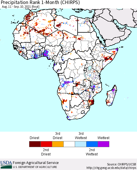 Africa Precipitation Rank 1-Month (CHIRPS) Thematic Map For 8/11/2021 - 9/10/2021