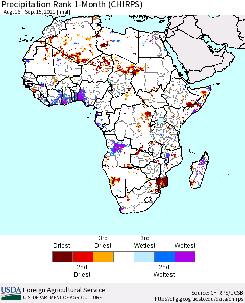Africa Precipitation Rank since 1981, 1-Month (CHIRPS) Thematic Map For 8/16/2021 - 9/15/2021