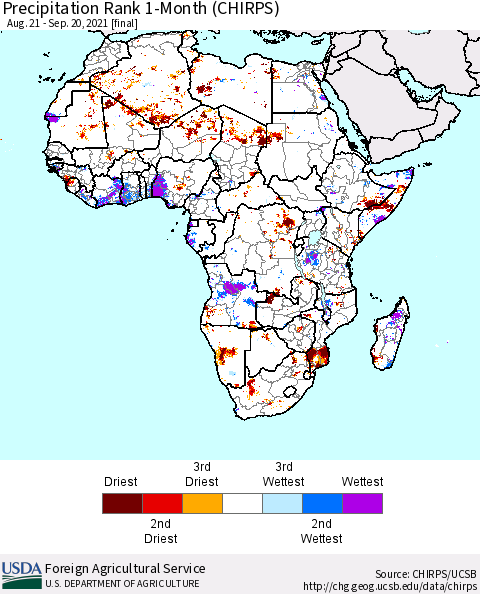 Africa Precipitation Rank 1-Month (CHIRPS) Thematic Map For 8/21/2021 - 9/20/2021