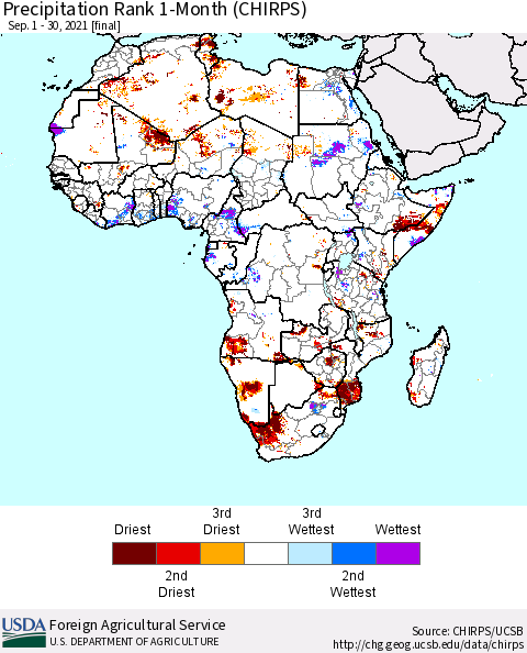 Africa Precipitation Rank 1-Month (CHIRPS) Thematic Map For 9/1/2021 - 9/30/2021