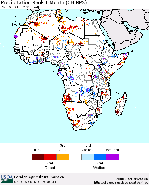 Africa Precipitation Rank 1-Month (CHIRPS) Thematic Map For 9/6/2021 - 10/5/2021