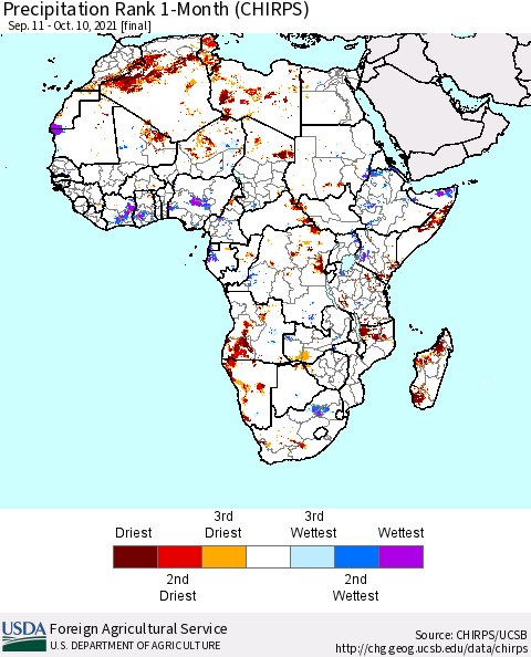 Africa Precipitation Rank 1-Month (CHIRPS) Thematic Map For 9/11/2021 - 10/10/2021