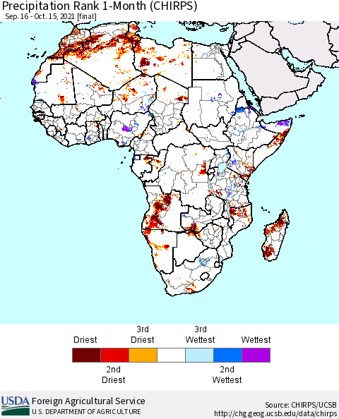 Africa Precipitation Rank 1-Month (CHIRPS) Thematic Map For 9/16/2021 - 10/15/2021