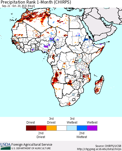 Africa Precipitation Rank since 1981, 1-Month (CHIRPS) Thematic Map For 9/21/2021 - 10/20/2021