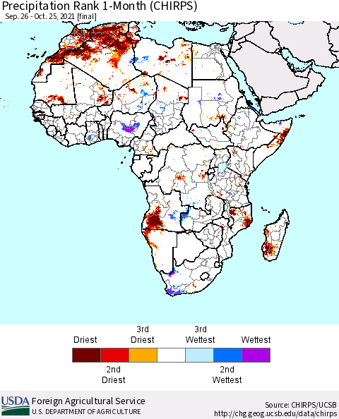 Africa Precipitation Rank 1-Month (CHIRPS) Thematic Map For 9/26/2021 - 10/25/2021
