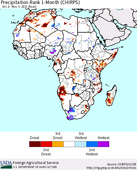 Africa Precipitation Rank since 1981, 1-Month (CHIRPS) Thematic Map For 10/6/2021 - 11/5/2021