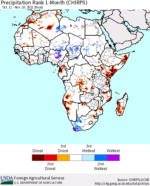 Africa Precipitation Rank 1-Month (CHIRPS) Thematic Map For 10/11/2021 - 11/10/2021