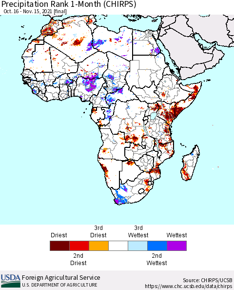 Africa Precipitation Rank 1-Month (CHIRPS) Thematic Map For 10/16/2021 - 11/15/2021