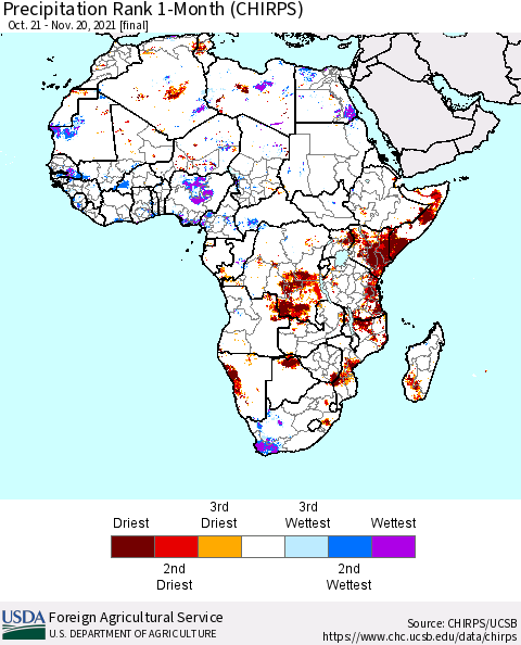 Africa Precipitation Rank 1-Month (CHIRPS) Thematic Map For 10/21/2021 - 11/20/2021