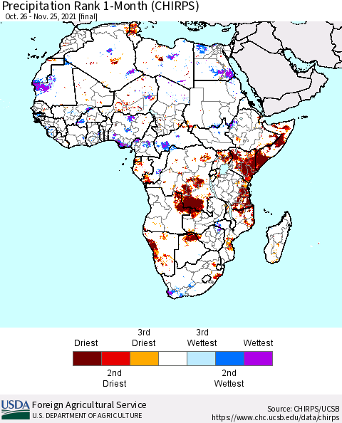 Africa Precipitation Rank 1-Month (CHIRPS) Thematic Map For 10/26/2021 - 11/25/2021