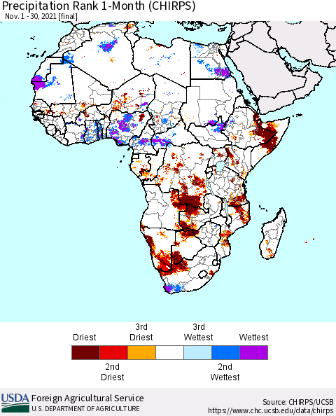 Africa Precipitation Rank 1-Month (CHIRPS) Thematic Map For 11/1/2021 - 11/30/2021