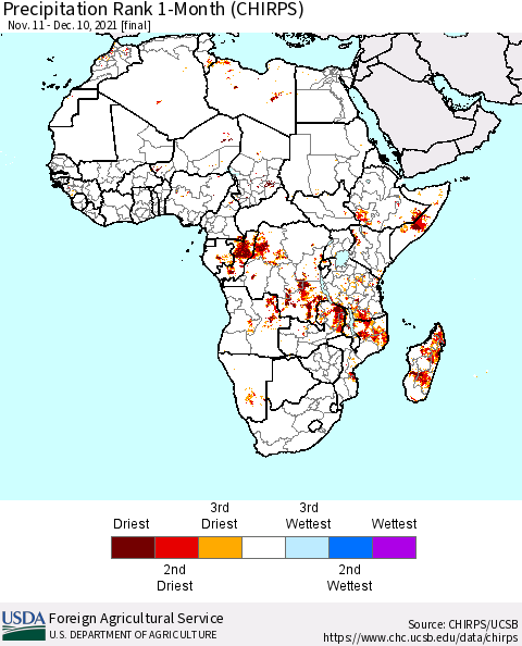 Africa Precipitation Rank 1-Month (CHIRPS) Thematic Map For 11/11/2021 - 12/10/2021