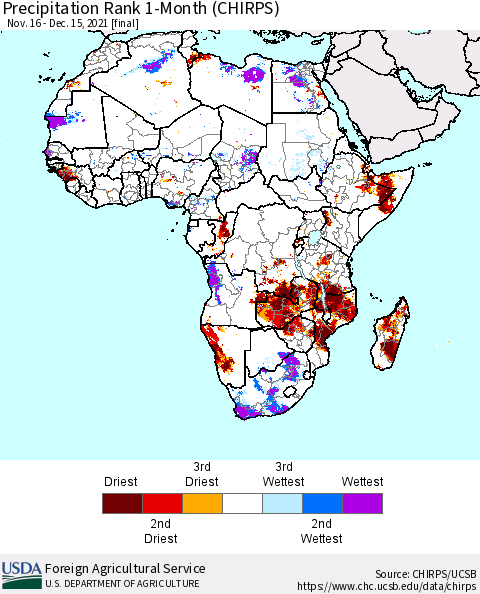 Africa Precipitation Rank 1-Month (CHIRPS) Thematic Map For 11/16/2021 - 12/15/2021