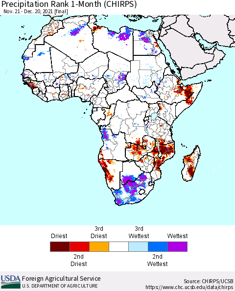 Africa Precipitation Rank since 1981, 1-Month (CHIRPS) Thematic Map For 11/21/2021 - 12/20/2021