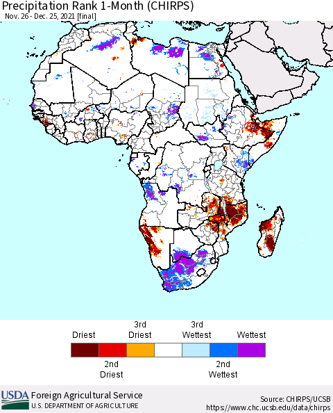 Africa Precipitation Rank 1-Month (CHIRPS) Thematic Map For 11/26/2021 - 12/25/2021