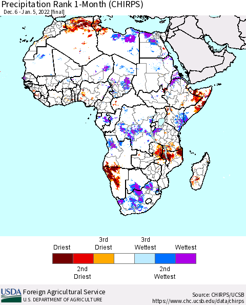 Africa Precipitation Rank 1-Month (CHIRPS) Thematic Map For 12/6/2021 - 1/5/2022
