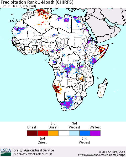Africa Precipitation Rank 1-Month (CHIRPS) Thematic Map For 12/11/2021 - 1/10/2022