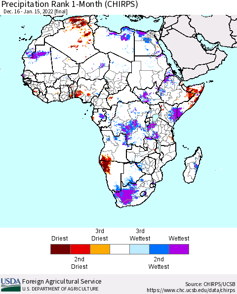 Africa Precipitation Rank since 1981, 1-Month (CHIRPS) Thematic Map For 12/16/2021 - 1/15/2022