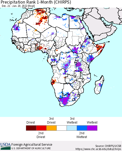 Africa Precipitation Rank since 1981, 1-Month (CHIRPS) Thematic Map For 12/21/2021 - 1/20/2022