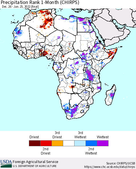 Africa Precipitation Rank 1-Month (CHIRPS) Thematic Map For 12/26/2021 - 1/25/2022