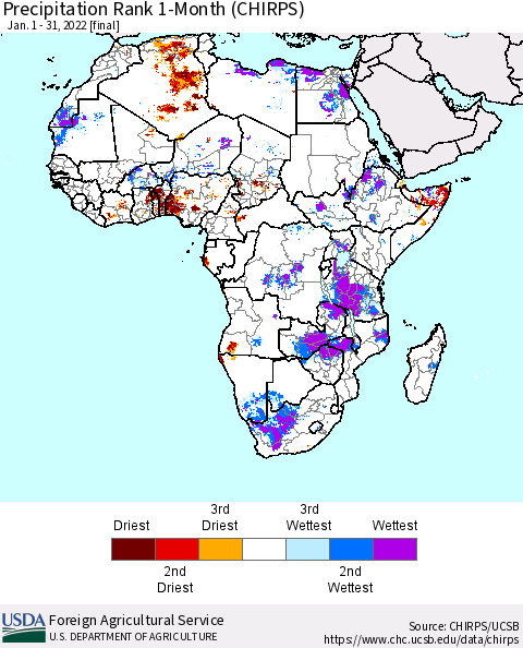 Africa Precipitation Rank since 1981, 1-Month (CHIRPS) Thematic Map For 1/1/2022 - 1/31/2022