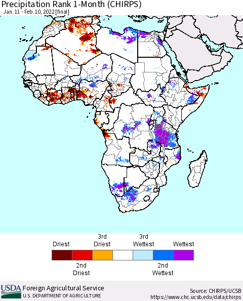 Africa Precipitation Rank 1-Month (CHIRPS) Thematic Map For 1/11/2022 - 2/10/2022
