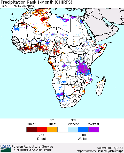 Africa Precipitation Rank 1-Month (CHIRPS) Thematic Map For 1/16/2022 - 2/15/2022