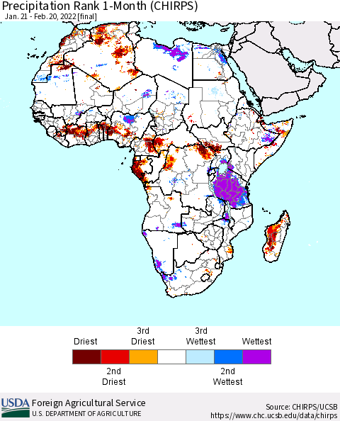 Africa Precipitation Rank 1-Month (CHIRPS) Thematic Map For 1/21/2022 - 2/20/2022