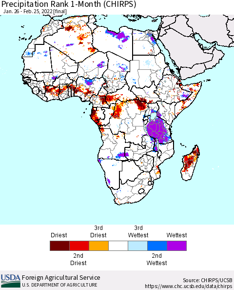 Africa Precipitation Rank since 1981, 1-Month (CHIRPS) Thematic Map For 1/26/2022 - 2/25/2022