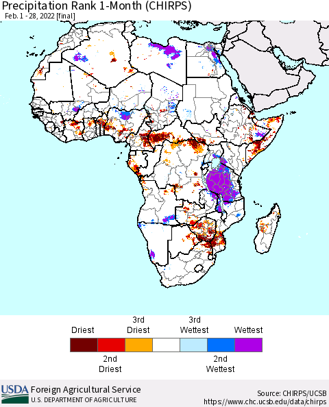 Africa Precipitation Rank 1-Month (CHIRPS) Thematic Map For 2/1/2022 - 2/28/2022