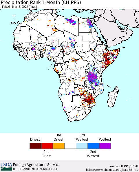 Africa Precipitation Rank since 1981, 1-Month (CHIRPS) Thematic Map For 2/6/2022 - 3/5/2022