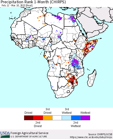 Africa Precipitation Rank 1-Month (CHIRPS) Thematic Map For 2/11/2022 - 3/10/2022
