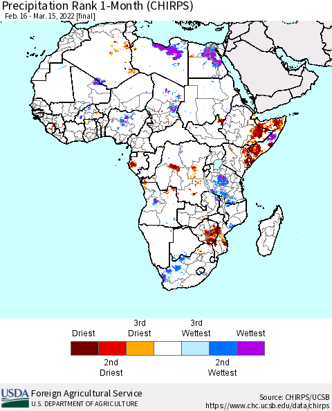 Africa Precipitation Rank 1-Month (CHIRPS) Thematic Map For 2/16/2022 - 3/15/2022