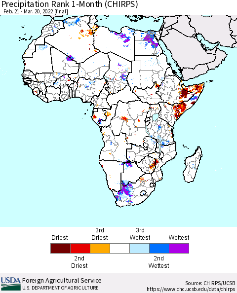 Africa Precipitation Rank 1-Month (CHIRPS) Thematic Map For 2/21/2022 - 3/20/2022