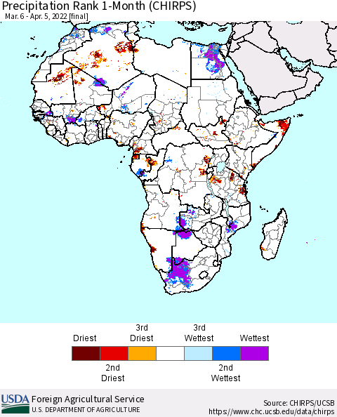 Africa Precipitation Rank 1-Month (CHIRPS) Thematic Map For 3/6/2022 - 4/5/2022