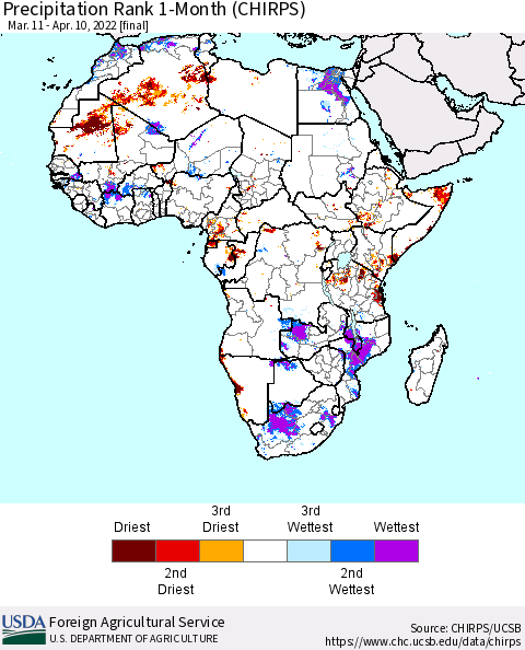 Africa Precipitation Rank since 1981, 1-Month (CHIRPS) Thematic Map For 3/11/2022 - 4/10/2022