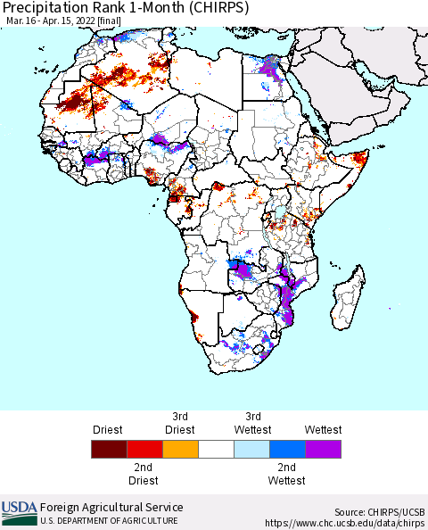 Africa Precipitation Rank 1-Month (CHIRPS) Thematic Map For 3/16/2022 - 4/15/2022