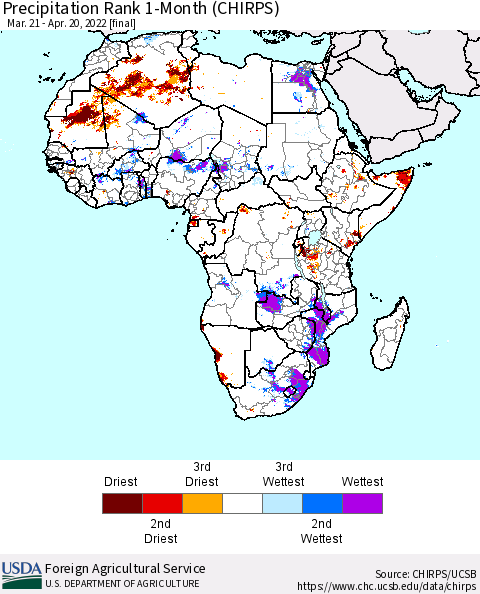 Africa Precipitation Rank since 1981, 1-Month (CHIRPS) Thematic Map For 3/21/2022 - 4/20/2022