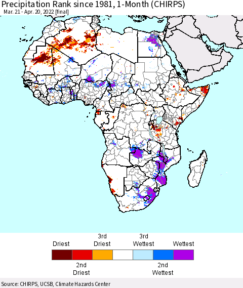 Africa Precipitation Rank since 1981, 1-Month (CHIRPS) Thematic Map For 3/21/2022 - 4/20/2022