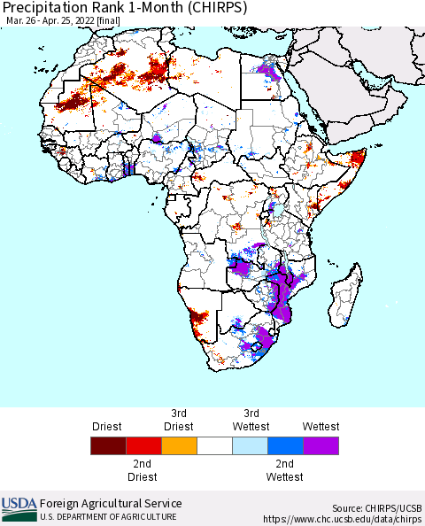 Africa Precipitation Rank 1-Month (CHIRPS) Thematic Map For 3/26/2022 - 4/25/2022