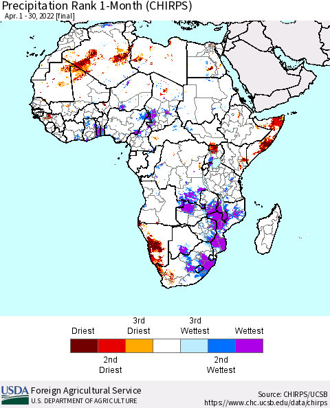 Africa Precipitation Rank since 1981, 1-Month (CHIRPS) Thematic Map For 4/1/2022 - 4/30/2022
