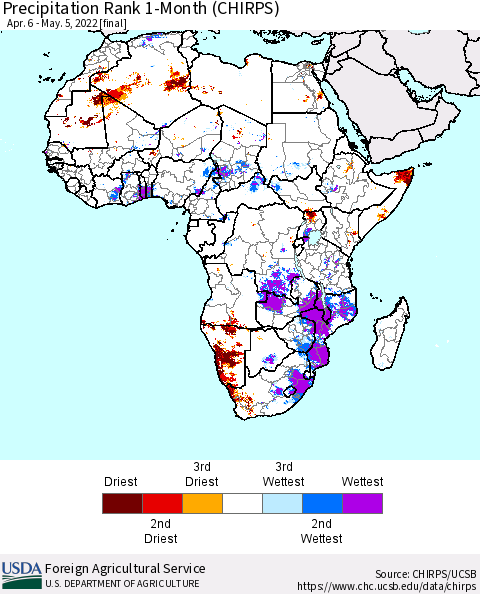 Africa Precipitation Rank since 1981, 1-Month (CHIRPS) Thematic Map For 4/6/2022 - 5/5/2022