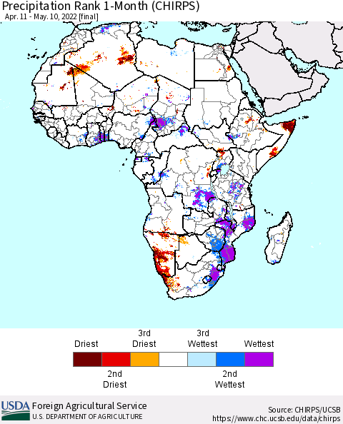 Africa Precipitation Rank 1-Month (CHIRPS) Thematic Map For 4/11/2022 - 5/10/2022
