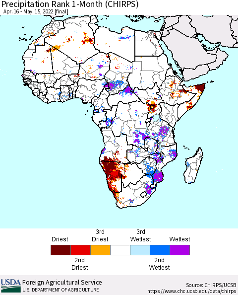 Africa Precipitation Rank 1-Month (CHIRPS) Thematic Map For 4/16/2022 - 5/15/2022