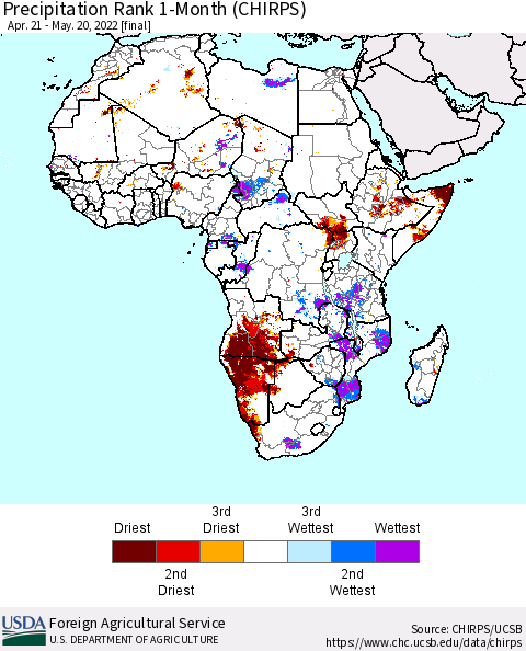 Africa Precipitation Rank 1-Month (CHIRPS) Thematic Map For 4/21/2022 - 5/20/2022