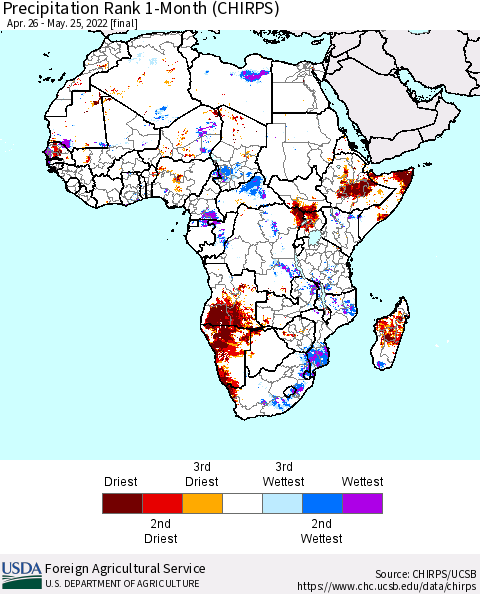 Africa Precipitation Rank 1-Month (CHIRPS) Thematic Map For 4/26/2022 - 5/25/2022