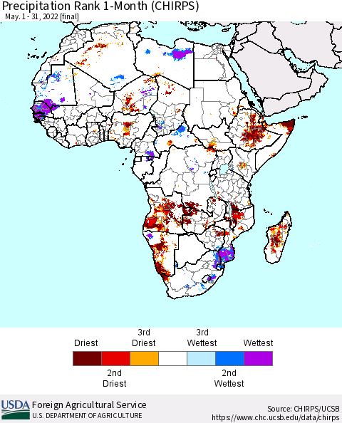 Africa Precipitation Rank 1-Month (CHIRPS) Thematic Map For 5/1/2022 - 5/31/2022
